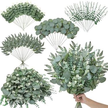 Imagem de Serwalin 70 peças de folhas artificiais mistas de eucalipto a granel, 4 tipos de folhas de eucalipto de dólar de prata falsa, sprays de folhas de eucalipto para buquês faça-você-mesmo, arranjos