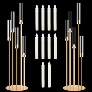 Imagem de Conjunto de 2 castiçais dourados de 5 braços com abajur de acrílico, castiçais de 105 cm de altura para presente de inauguração de casa de casamento de Natal, castiçais de metal, peça central de