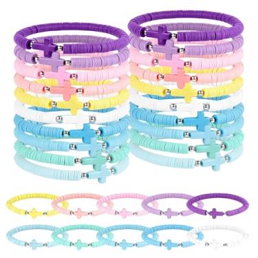 Imagem de Galaton 30 pulseiras de cruz, pulseiras de amizade a granel, cores doces, feitas à mão, contas de argila, pulseiras cristãs para mulheres e homens, pulseiras de amizade religiosas coloridas, presentes