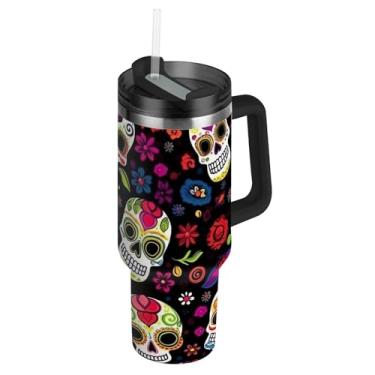 Imagem de Copos com tampa e canudo colorido crânios de açúcar flores 850 g copo com alça rosa linda garrafa de água isolada garrafa de água de aço inoxidável para copo de carro