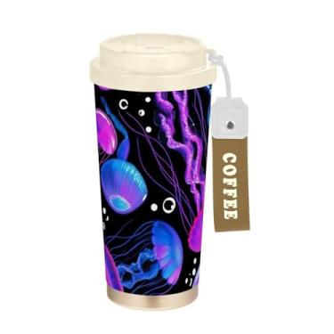 Imagem de TSENQUE Copo de café de 473 ml com tampa de canudo e filp, copos de parede dupla isolados a vácuo com revestimento cerâmico, desenho animado roxo preto