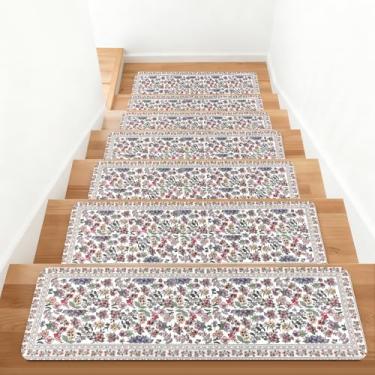 Imagem de KingMang Tapete de escada floral vintage antiderrapante para degraus de madeira para ambientes internos 15 peças 76,2 x 20,3 cm tapetes de escada para escadas de segurança para idosos crianças cães