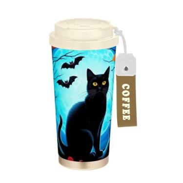 Imagem de TSENQUE Caneca de café de viagem de 473 ml com tampa de canudo e filp, copos de parede dupla isolados a vácuo com revestimento cerâmico, abóboras de gato preto de Halloween