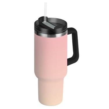 Imagem de Joisal Copo com alça copos de aço inoxidável de 850 g com tampa e canudos, garrafas de água à prova de derramamento, carros isolados, caneca de café, bebida quente, blush, rosa, degradê amêndoa