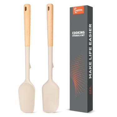 Imagem de Espátula grande de silicone com cabo longo de madeira, resistente ao calor 315 °C, durável, ferramentas essenciais de cozimento para misturar, dobrar, raspar, espalhar para panelas antiaderentes