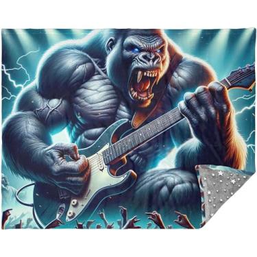Imagem de Cobertor macio com estampa de guitarrista Gorilla personalizado cobertores felpudos xadrez para mulheres 177,8 cm x 139,7 cm cobertores felpudos extravagantes