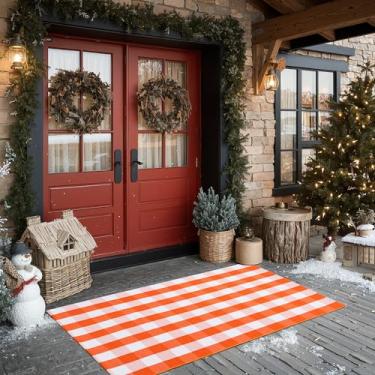 Imagem de joybest Tapete xadrez de outono Buffalo 0,9 x 1,5 m, laranja e branco, tapete de algodão tecido à mão para ambientes internos e externos, para pátio, sala de estar, sala de jantar, quarto