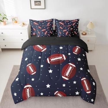 Imagem de jejeloiu Jogo de cama solteiro com edredom de futebol americano, para meninos, meninas, adolescentes, azul marinho, 7 peças