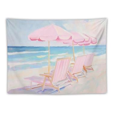 Imagem de Guarda-sóis de praia rosa cadeiras tapeçaria de parede costal decoração de verão pastel arte do oceano para sala de estar quarto pátio relaxante náutico pendurado acento encantador espaços praianos 76