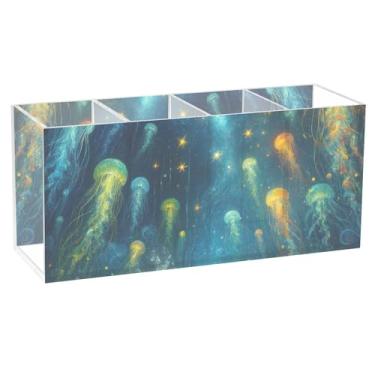 Imagem de TSENQUE Porta-canetas de acrílico divertido, azul marinho, elegante, água-viva, para mesa, fofo, personalizado, porta-pincéis de maquiagem, copo artístico, organizador de mesa