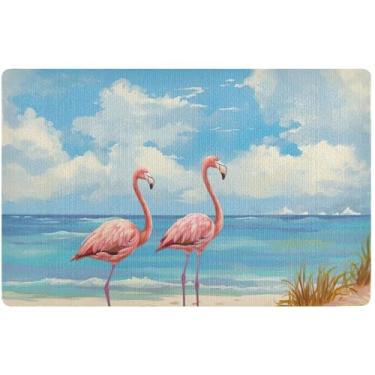 Imagem de Tapete de porta de praia de flamingos personalizado em aquarela tapete de entrada externo à prova d'água para decoração de varanda frontal com suporte de borracha lavável 81 cm x 50 cm