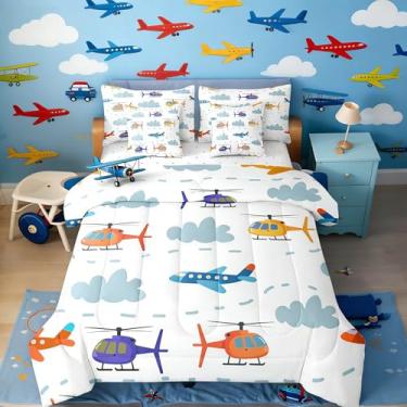 Imagem de Erosebridal Jogo de cama de casal de 7 peças, helicópteros coloridos, para crianças e adultos, desenho moderno, avião e lençol com estampa de avião, viagem e avião