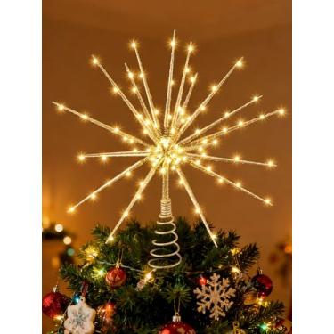 Imagem de Meonum Topo de árvore de Natal de 36,8 cm com luz LED, 19 de 100 luzes cintilantes, topo de estrela de árvore de Natal para decoração de férias, tamanho universal, leve e fácil de instalar (dourado)