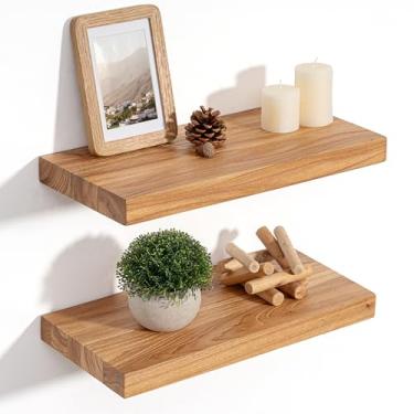 Imagem de Prateleiras flutuantes para decoração de parede, prateleiras flutuantes de madeira sólida rústica de olmo de 20 cm de profundidade montadas na parede, prateleiras de parede com suporte invisível para