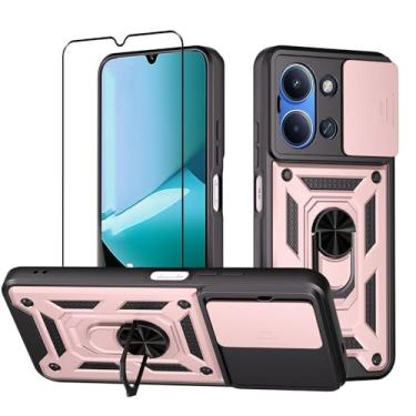 Imagem de CNPUTAO Capa para Xiaomi Redmi 15C / Poco C85 com protetor de tela de vidro temperado, janela deslizante para câmera, suporte, capa de telefone de camada dupla antiarranhões à prova de choque, ouro