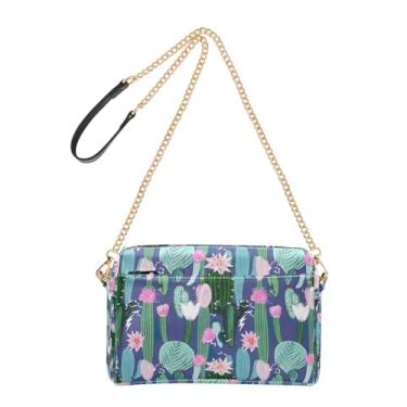 Imagem de Joitme Bolsa feminina transversal para celular bolsa de ombro verde cacto rosa flores azul PU couro PU com alça de corrente