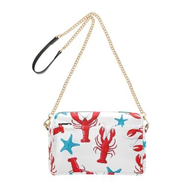 Imagem de Joitme Bolsa feminina tiracolo lagosta vermelha azul estrela do mar desenho animado bolsa de telefone linda bolsa de ombro de couro PU alça de corrente