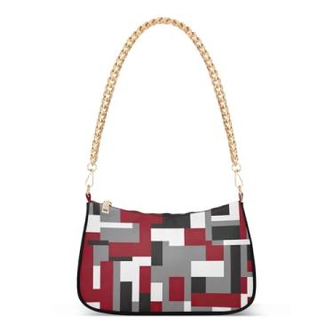 Imagem de Bolsa de ombro geométrica vermelha, preta, cinza, corrente, feminina, bolsa Hobo, clutch