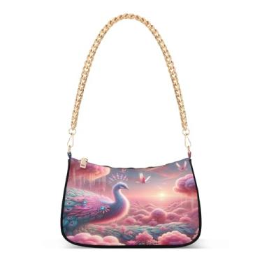 Imagem de Bolsa de ombro rosa pastel com corrente de pavão, bolsa Hobo com estampa artística para mulheres, bolsa média clutch para uso diário e noturno