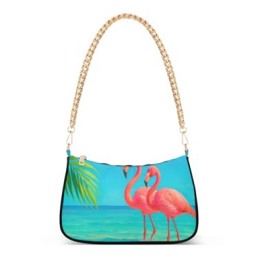 Imagem de Bolsa de ombro rosa flamingo azul mar com corrente de ombro, bolsa feminina Hobo Clutch para uso diário ou festa