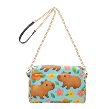 Imagem de Joitme Lindas capivaras de desenho animado azul bolsa feminina bolsa transversal bolsa para celular bolsa de ombro de couro PU alça de corrente