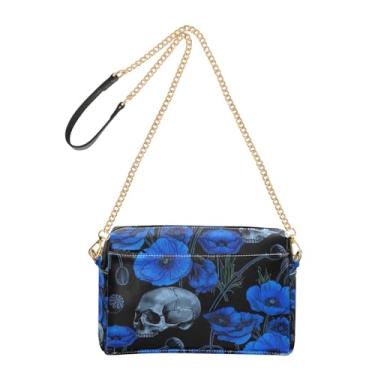 Imagem de Joitme Bolsa tiracolo preta com flor azul e caveira para mulheres, alça de corrente, bolsa de ombro de couro PU, bolsa de ombro fofa para celular