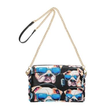 Imagem de Joitme Bolsa tiracolo feminina bolsa para celular bolsa de ombro de couro PU alça de corrente engraçado legal buldogue preto