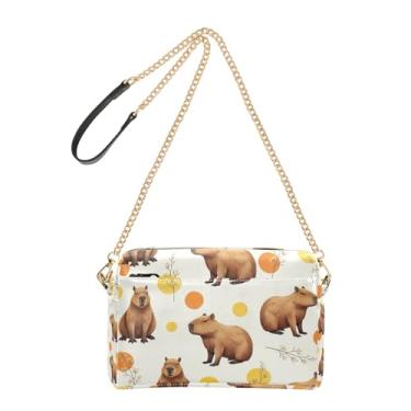 Imagem de Bolsa tiracolo feminina bolsa para celular bolsa de ombro de couro PU com alça de corrente fofa marrom capivaras animal
