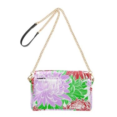 Imagem de Joitme Bolsa tiracolo feminina com flores de crisântemo roxa, bolsa de ombro de couro PU, alça de corrente, bolsa para celular