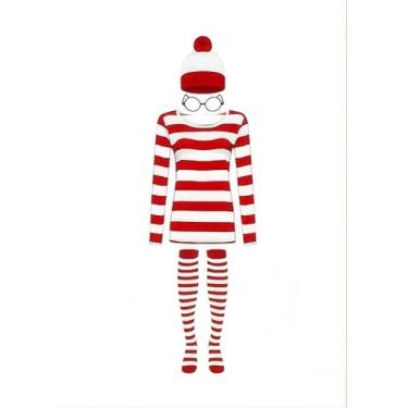 Imagem de GOLDSTITCH Conjunto de fantasia feminina listrada vermelha e branca para adultos, fantasia de Halloween, óculos e chapéu