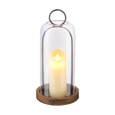 Imagem de Castiçal de metal marrom rusti de 40,6 cm de altura versátil com cúpula de vidro resistente à mão e base de madeira marrom Shabb para velas e plantas, industrial, casa de fazenda, chique gasto, potes