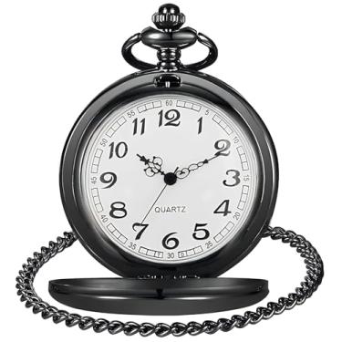 Imagem de LYMFHCH Relógio de bolso vintage liso com corrente, escala de algarismos arábicos, relógio masculino, Natal, formatura, presente de aniversário, dia dos pais, Preto, 46 mm, Liso/preto
