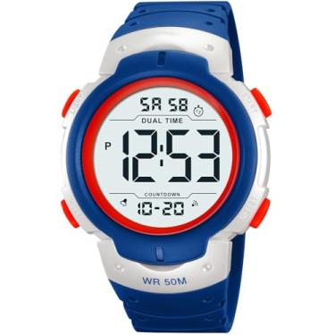 Imagem de PASOY Relógio digital masculino feminino grande luz LED natação impermeável pulseira de borracha alarme preto LED relógios 50 mm, Azul colorido A, Esportivo