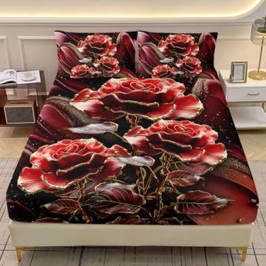 Imagem de AILONEN Jogo de lençol casal casal rosa vermelha com 2 fronhas, floral romântico, 3 peças, para aniversário, jogo de lençol de luxo bordô para decoração de quarto