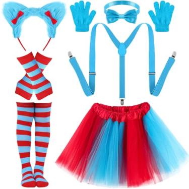 Imagem de Conjunto de acessórios de fantasia para mulheres de 10 peças - faixa de cabeça de orelha de gato azul gravata borboleta suspensórios tutu luvas listradas, meia-calça personagem de desenho animado