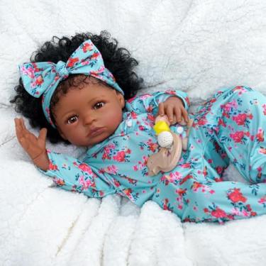 Imagem de Bebê Reborn Boneca Realista Menina Preto Corpo de Silicone 55cm Olhos Castanhos Cabelo Implantado