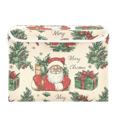Imagem de SEHANY Linda caixa de armazenamento de Papai Noel de Natal com tampas e alças, organizador de cestas de armazenamento de tecido dobrável, caixas de armazenamento de cubos grandes para roupas, cobertor