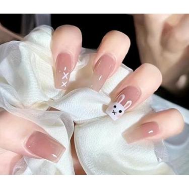 Imagem de Unhas quadradas de pressão, unhas macias de gel médio, 12 tamanhos – 24 kit de manicure falso, adorável coelho branco