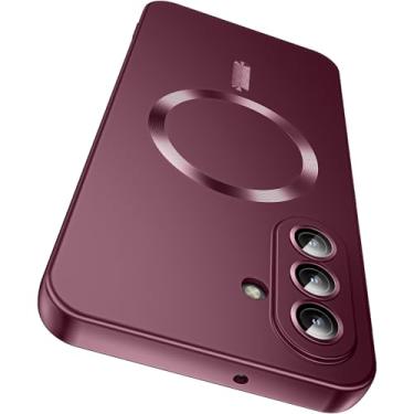 Imagem de LEKEVO Capa magnética para Samsung Galaxy A17 5G [compatível com MagSafe] [protetor de lente de câmera embutido] Capa de telefone fina de silicone macio à prova de choque metálico brilhante, vinho