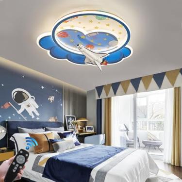 Imagem de Lustre infantil LED dimerizável de 72W com controle remoto, luminária de teto azul com desenho de avião, ideal para quarto infantil, quarto de menina, jardim de infância, quarto de bebê e sa
