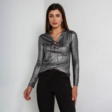 Imagem de Blusa susie metalizada com ilhós e cordão feminino, Prata, G, 10 unida