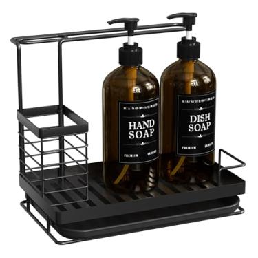 Imagem de Suporte de esponja para pia de cozinha com suporte de escova alto, conjunto organizador de pia de cozinha de aço inoxidável com 2 dispensadores de loção, armazenamento de acessórios de cozinha para