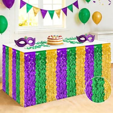 Imagem de Pacote com 2 decorações de carnaval, 75 × 277 cm saia de mesa de carnaval com franjas douradas verdes roxas, saia de mesa de folha de tinsel ondulada metálica para decoração de desfile de festa de