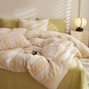 Imagem de EAVD Conjunto de edredom retrô, solteiro, GG, multicolorido, algodão lavado, 3 peças, estampa de listras coloridas, conjunto de cama com 2 fronhas, conjunto de edredom geométrico para todas as