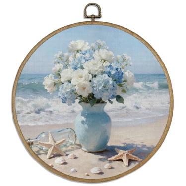 Imagem de DELORIGIN Vaso floral emoldurado decoração de parede 25,4 cm conchas de estrela do mar arte de parede em tela redonda com ganchos vintage pinturas de arte penduradas à beira-mar para sala de estar