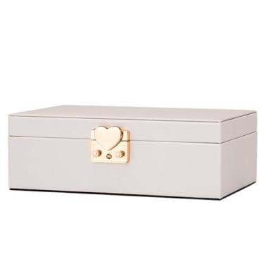 Imagem de Elegante caixa de joias de couro branco com fechadura, armazenamento de camada dupla para colares, anéis e brincos, placa de gravação de amor removível exclusiva, organizador de grande capacidade