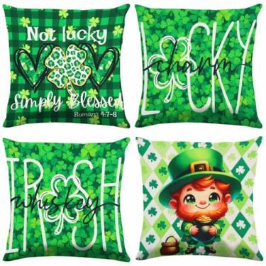 Imagem de Zylkor Conjunto de 4 capas de almofada para decoração de Dia de São Patrício 45,7 x 45,72 cm, capa de travesseiro da sorte com trevo para sofá grande, casa, ambientes internos e externos, férias