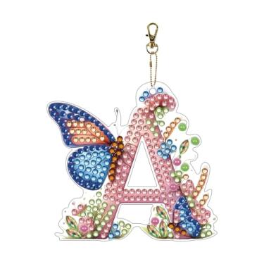 Imagem de BAYUNOE Chaveiro DIY com letras de borboleta dupla face pintura de arte de diamante chaveiros artesanais enfeites de pendurar artesanato decoração de festa em casa -A01