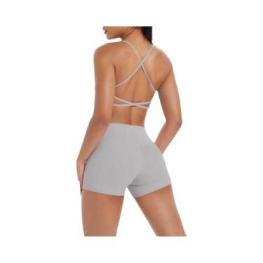 Imagem de Conjunto De Yoga Feminino De Cintura Alta Com Top Halter E Shorts De T