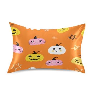 Imagem de Wassud Fronha de cetim para cabelo e pele Halloween Pumpkins fronhas de seda lisa king size capas de travesseiro respiráveis com fecho de envelope
